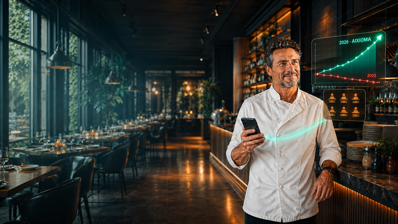 Dueño de restaurante revisando el crecimiento de su negocio